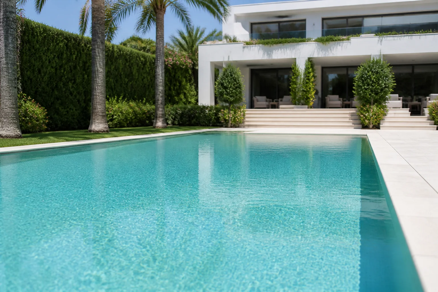 Piscina particular de agua cristalina en un jardín de Marbella